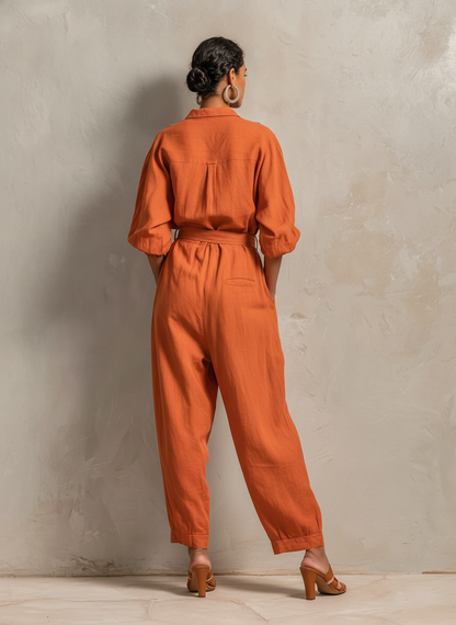Women's Minimalist Cotton-Linen Jumpsuit With Belt — Wide-Leg Trousers And Mid-Length Sleeves