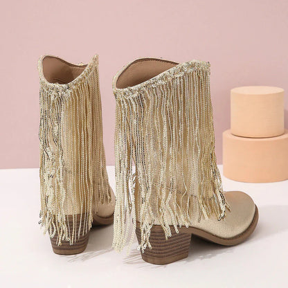 Women’s Fringe Metallic High Heel Boots