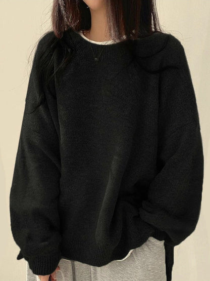 Women's Drop Shoulder Split Hem Round Neck Sweater