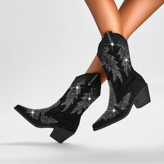 Women’s Trendy Western Boots with Rhinestone Detail