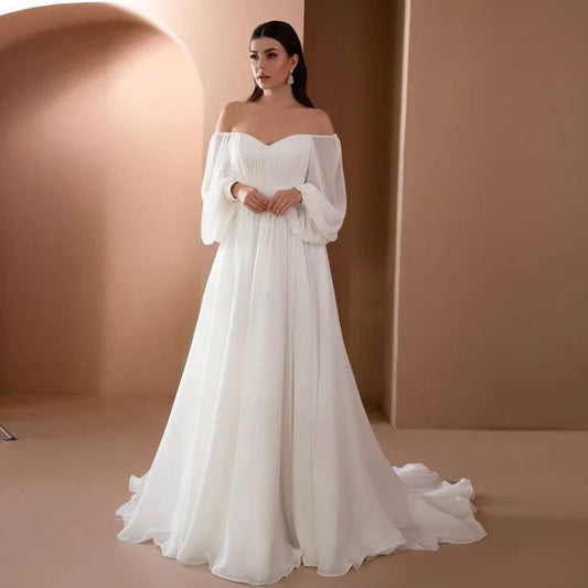 Vestido de Novia de Manga Larga con Hombros Descubiertos para Mujer