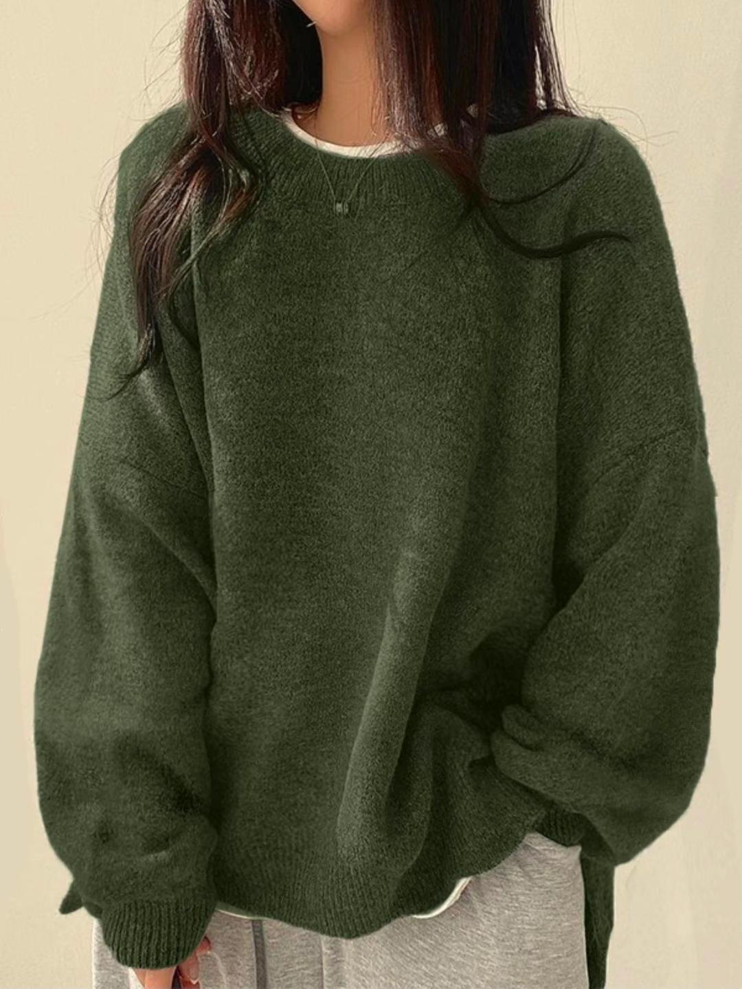 Women's Drop Shoulder Split Hem Round Neck Sweater