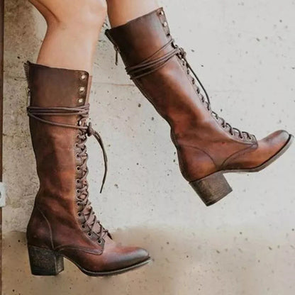 Women’s Lace-Up Knee-High Boots with Block Heel