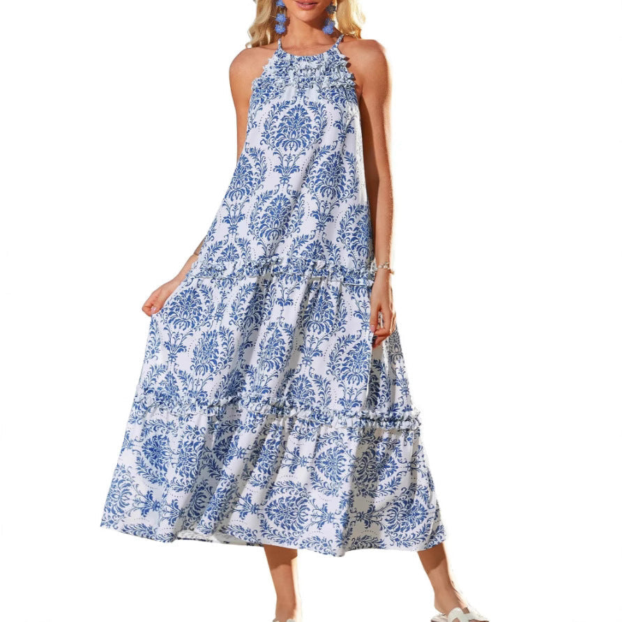 Elegante vestido maxi bohemio halter con volantes escalonados
