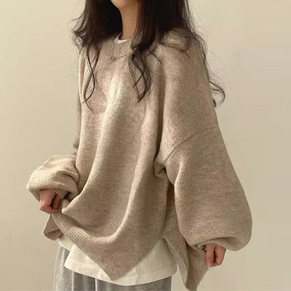 Women's Drop Shoulder Split Hem Round Neck Sweater