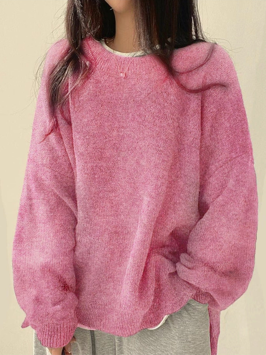 Women's Drop Shoulder Split Hem Round Neck Sweater