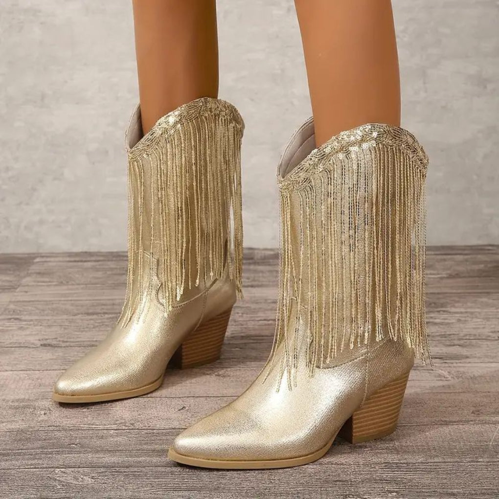 Women’s Fringe Metallic High Heel Boots