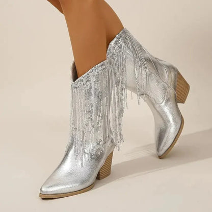Women’s Fringe Metallic High Heel Boots