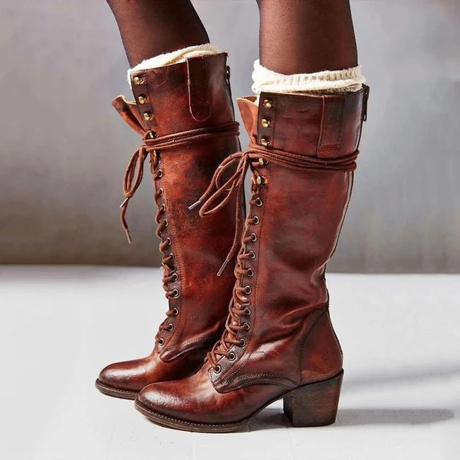Women’s Lace-Up Knee-High Boots with Block Heel
