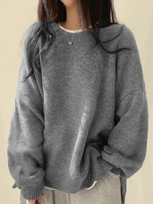Women's Drop Shoulder Split Hem Round Neck Sweater