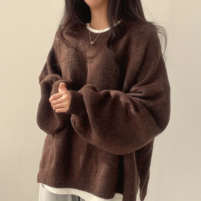 Women's Drop Shoulder Split Hem Round Neck Sweater