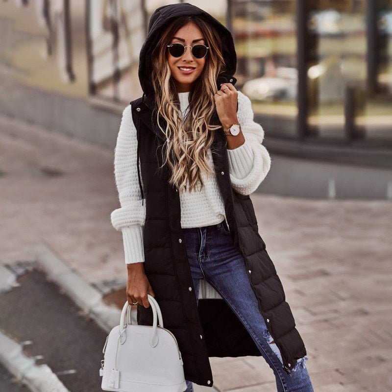Women’s Long Hooded Winter Quilted Puffer Vest