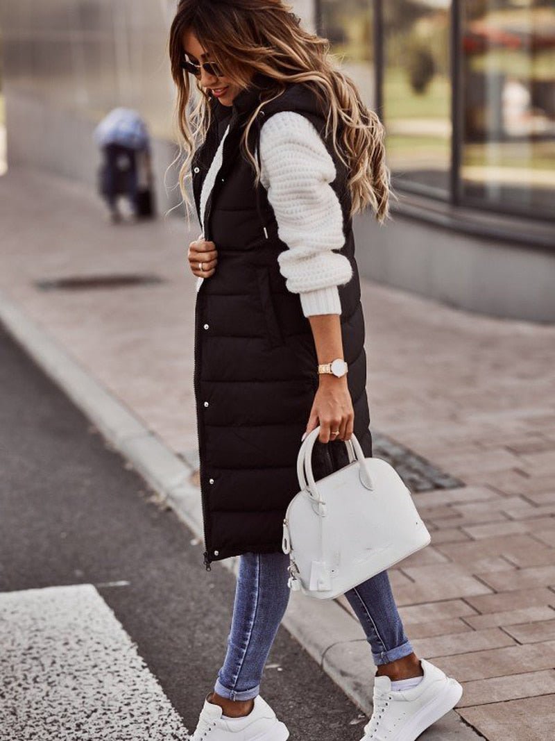 Women’s Long Hooded Winter Quilted Puffer Vest