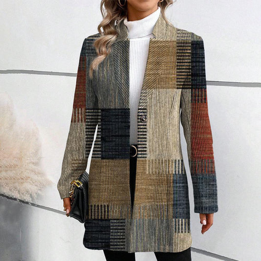 Blazer largo a cuadros para mujer: chaqueta informal elegante de largo medio