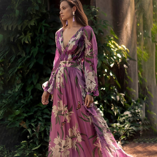 Vestido maxi de cuello en V floral cómodo para mujer