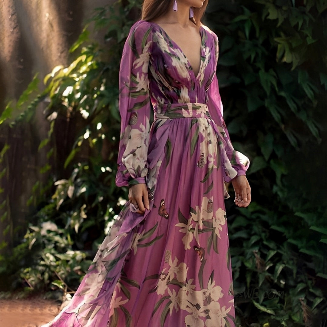 Vestido maxi de cuello en V floral cómodo para mujer