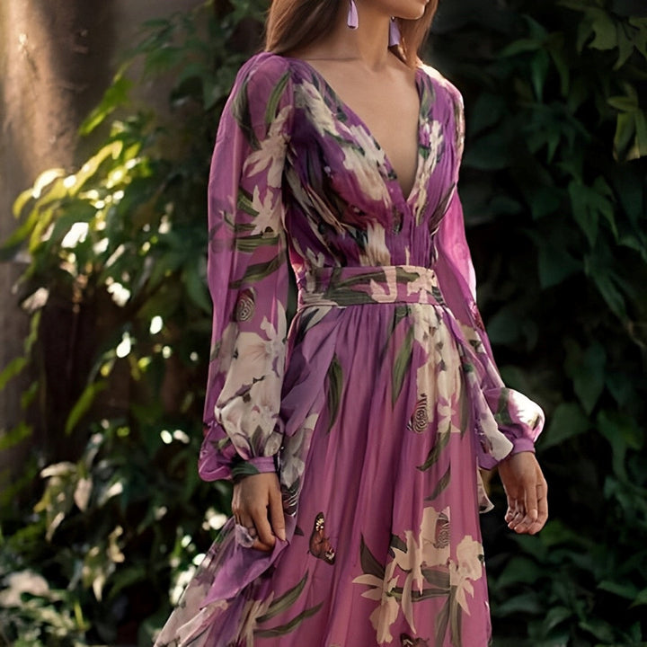 Vestido maxi de cuello en V floral cómodo para mujer