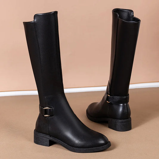 Women's Knee-High Leather Boots with Buckle