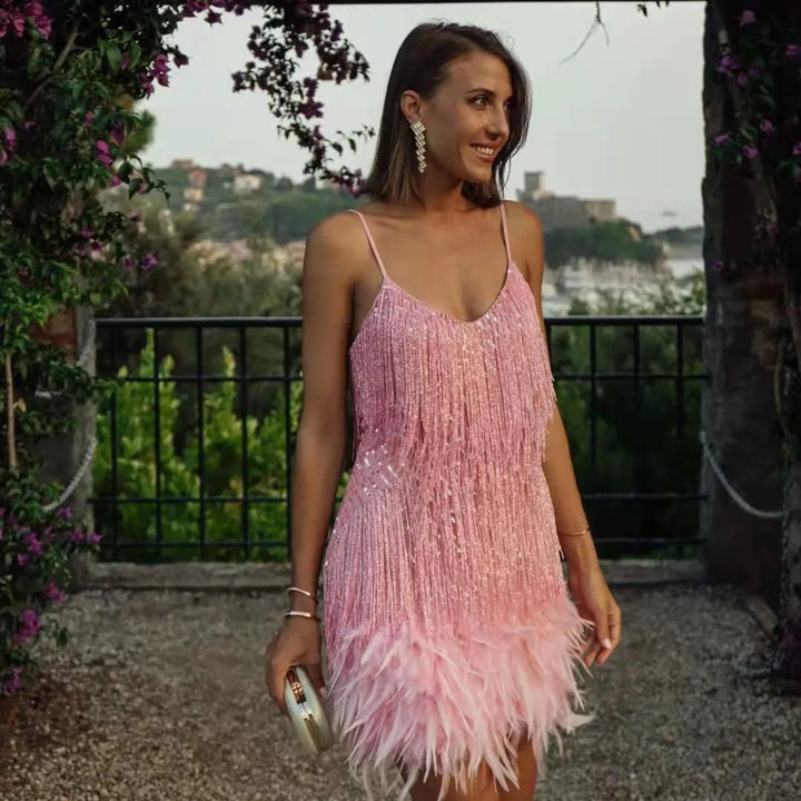 Vestido de cóctel para mujer con flecos de plumas