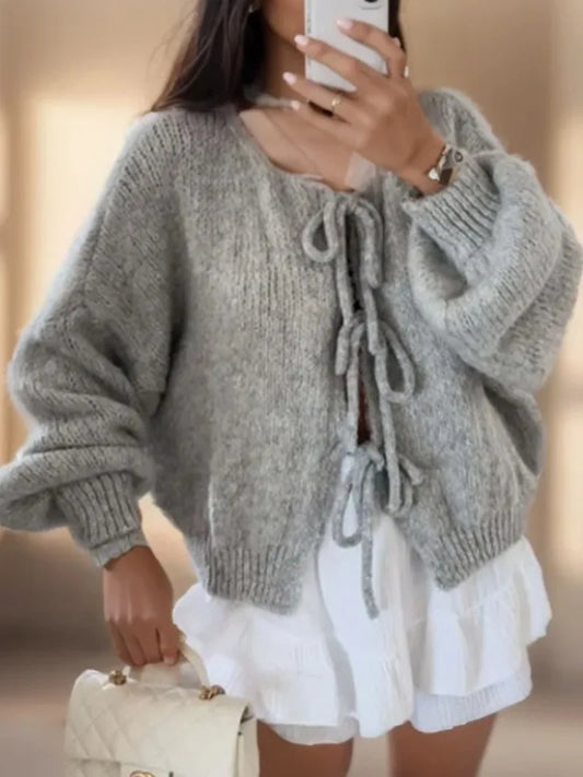 Cárdigan de invierno grueso para mujer con nudo frontal