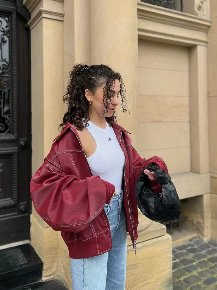 Chaqueta bomber extragrande de piel con cremallera para mujer
