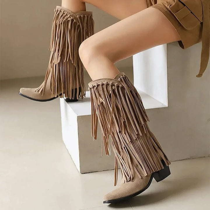 Botas altas de mujer estilo western con flecos