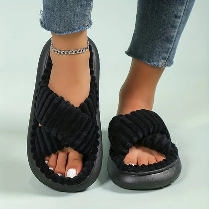Women’s Plush Cross-Band Slide Slippers