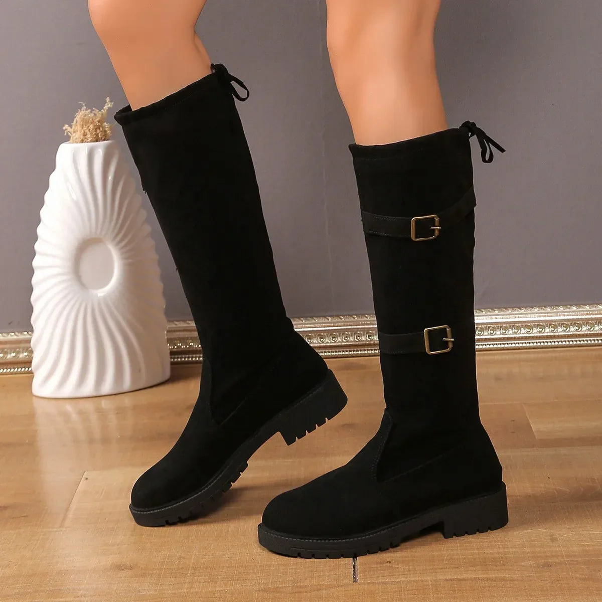 Women's Knee-High Boots with Buckle and Laces