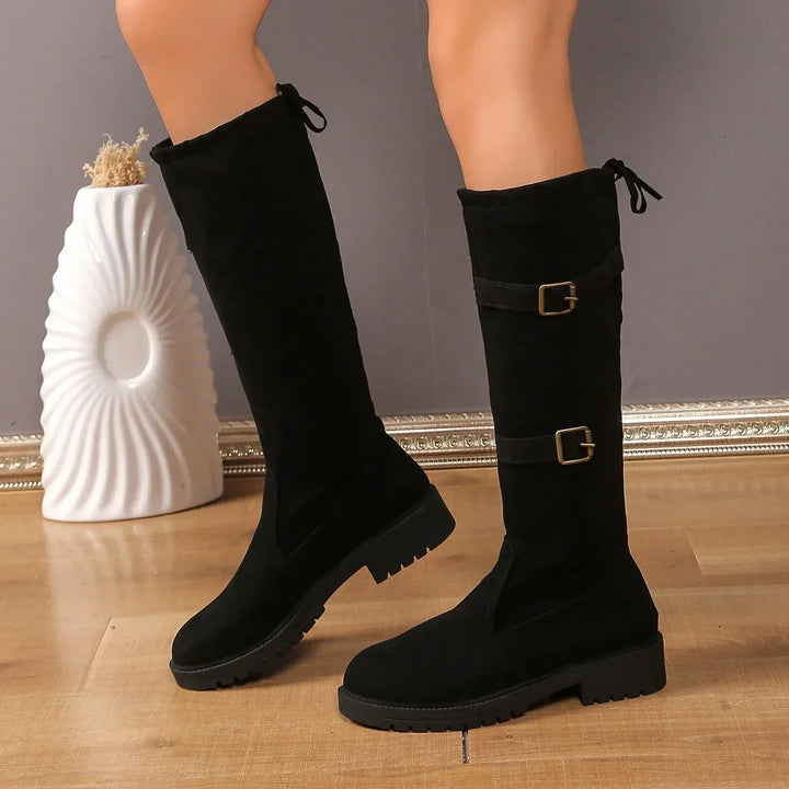 Women's Knee-High Boots with Buckle and Laces