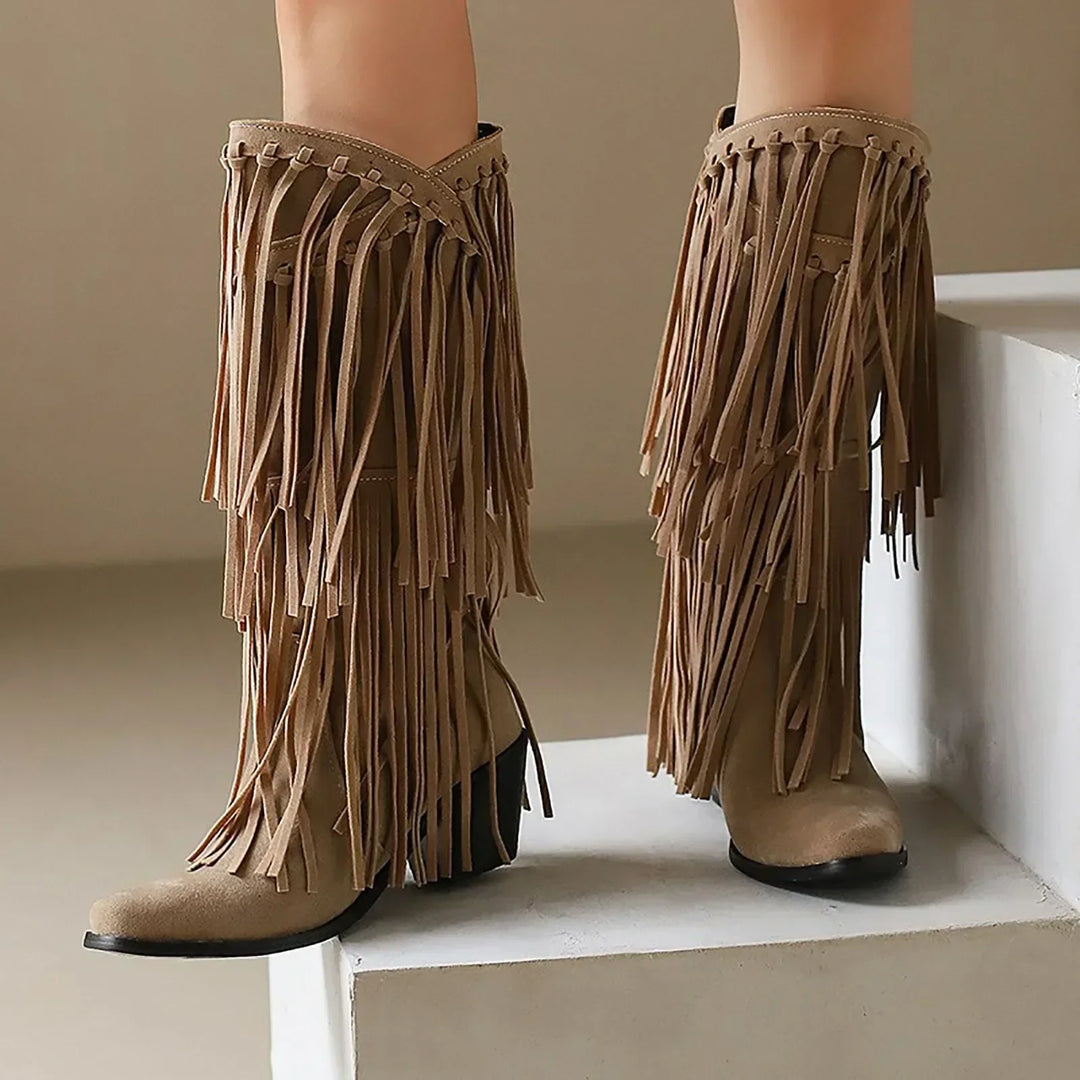 Botas altas de mujer estilo western con flecos