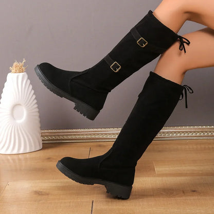 Women's Knee-High Boots with Buckle and Laces
