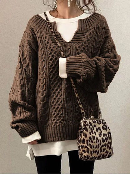 Women’s Cable Knit Sweater with V-Neck Detail
