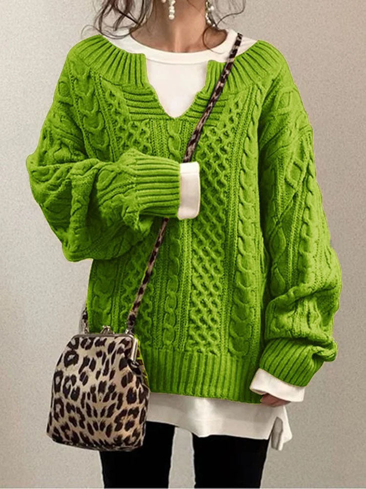 Women’s Cable Knit Sweater with V-Neck Detail