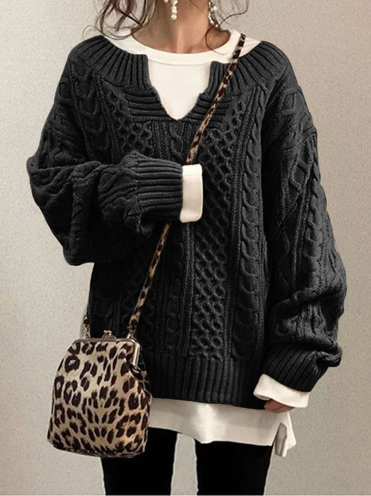 Jersey de punto trenzado con cuello de pico para mujer