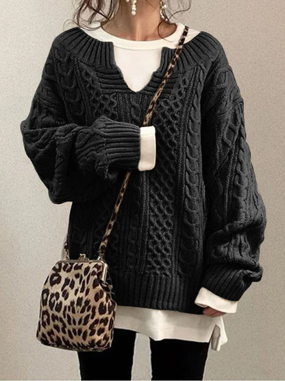 Women’s Cable Knit Sweater with V-Neck Detail