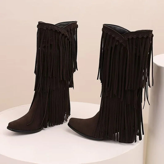 Women’s Fringe Knee-High Boots Western Style