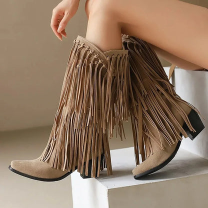 Women’s Fringe Knee-High Boots Western Style