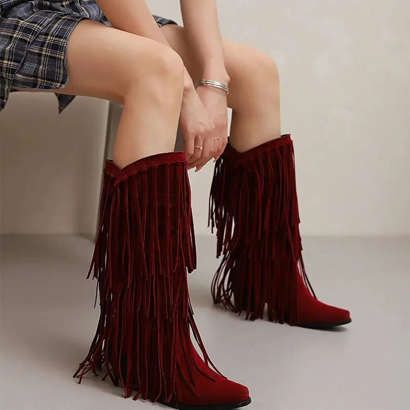 Women’s Fringe Knee-High Boots Western Style