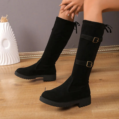 Women's Knee-High Boots with Buckle and Laces