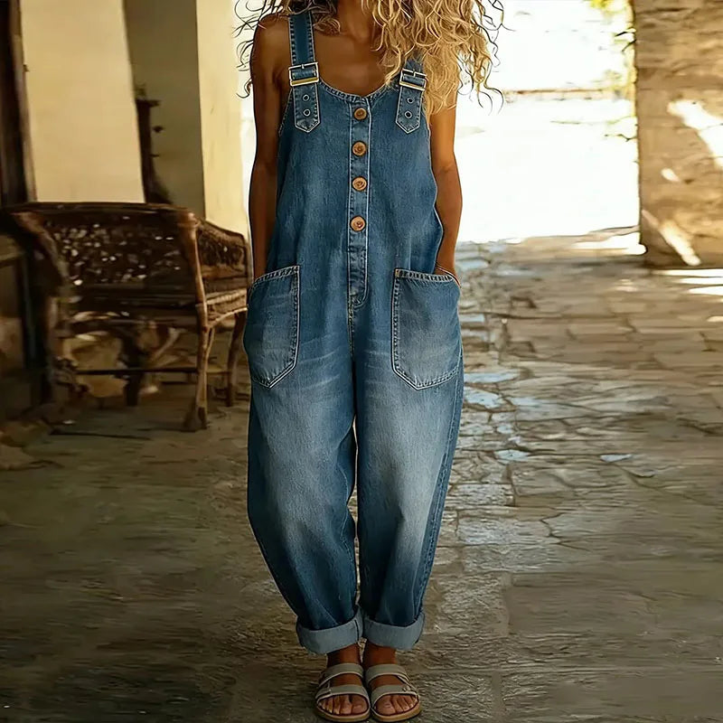 Mae | Vintage Soft Cotton Denim-Look Overalls with Adjustable Straps