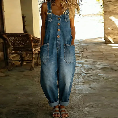 Mae | Vintage Soft Cotton Denim-Look Overalls with Adjustable Straps