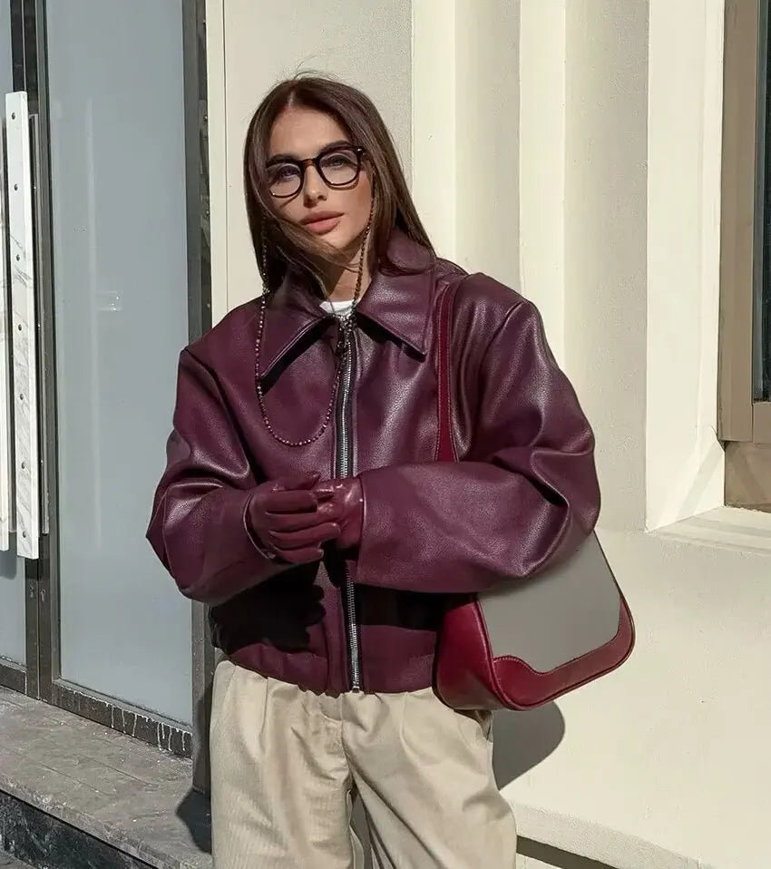 Women's Faux Leather Bomber Jacket
