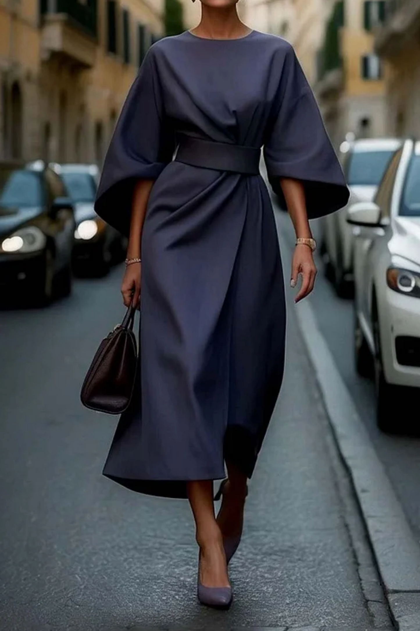 Elegant Dress with Lantern Sleeves and Belt