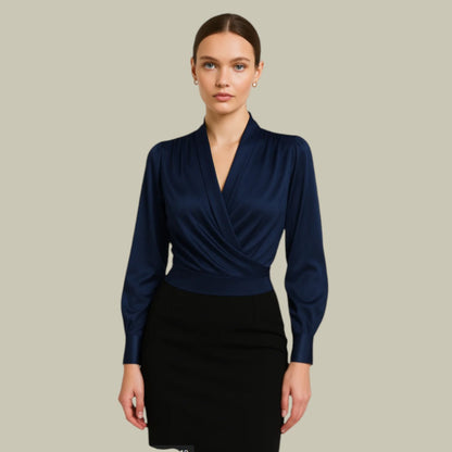 Women’s Wrap Front Long Sleeve Satin Blouses
