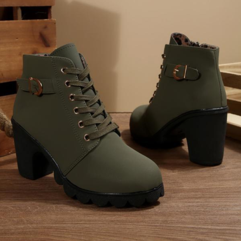 KATNI - Chic Lace-Up Metal Buckle Chunky Ankle Boots