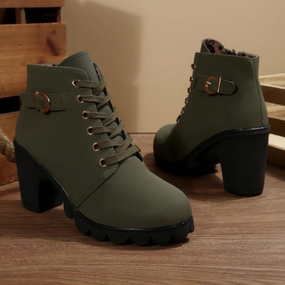 KATNI - Chic Lace-Up Metal Buckle Chunky Ankle Boots