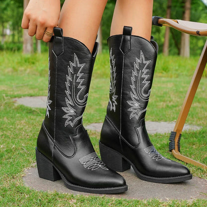 Botas de cuero de caña alta con tacón para mujer