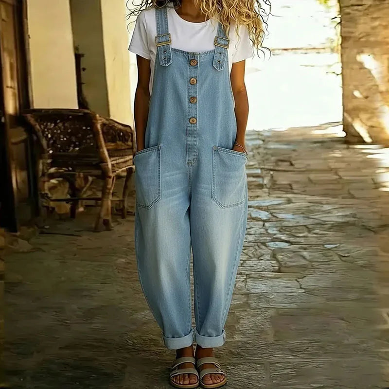 Mae | Vintage Soft Cotton Denim-Look Overalls with Adjustable Straps