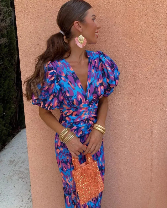 Vibrant Midi Dress with Puff Sleeves