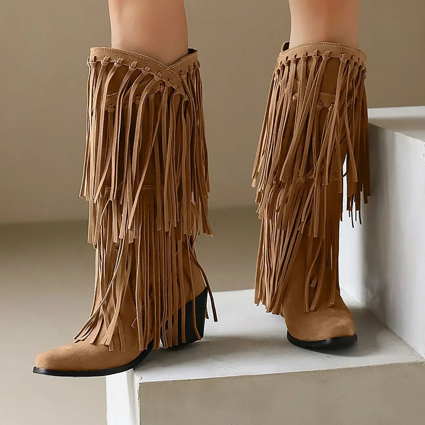 Women’s Fringe Knee-High Boots Western Style